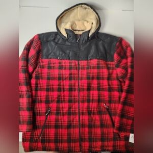 Marino Bay Jacket Mens XL & 2XL Red Plaid Hooded Sherpa Lined Fleece